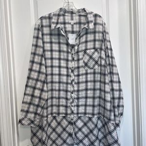 New J. Jill Tunic Top Womens 3X Black Plaid Peplum Button Up Long Sleeve